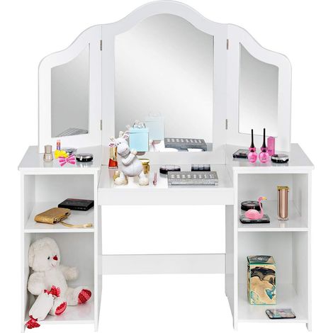 Toeletta per Bambini in Legno, Design Smontabile 2 in 1, Mobile da Trucco Stile Principessa con 4 Mensole e Specchio, Mobile per Il Trucco per Bambine e Ragazze (1/5)