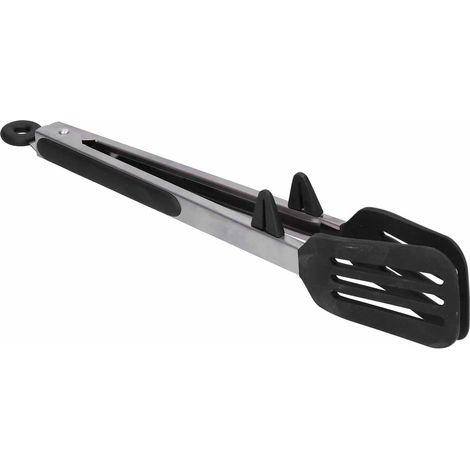 Spatule alimentaire en acier inoxydable et silicone avec pince, outil de cuisson pour barbecue et grillades à la maison, support noir de 30 cm.