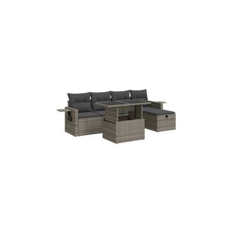 Salon de jardin 6 pcs avec coussins gris résine tressée (1/5)