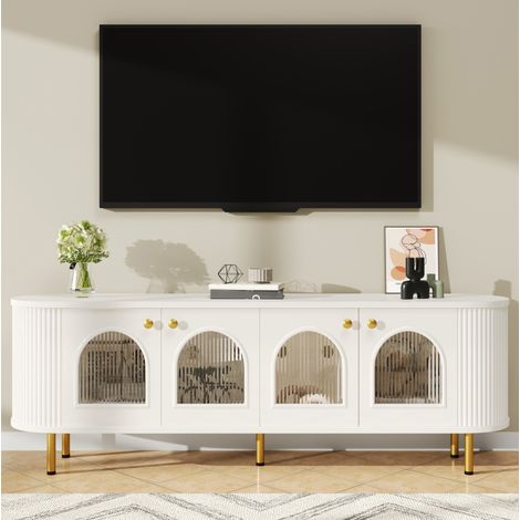 Meuble TV MDF blanc et or 170x35x55 cm, 4 portes en verre, rangement avec passe-câbles et charnières amorties (1/5)