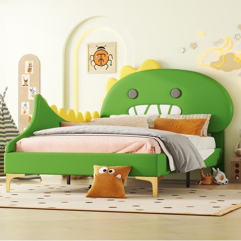 Kinderbett 90x200 cm Grün in PU und MDF mit Dinosaurier-Design, pflegeleicht und stabil (1/5)