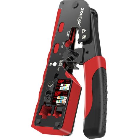 Herramienta de crimpado, funciones versátiles de corte y pelado, rendimiento de precisión, color rojo. (1/2)