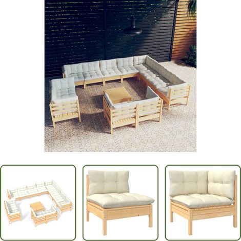 Terrassensofa -  13-tlg. Garten-Lounge-Set mit Creme Kissen Massivholz Kiefer (1/5)