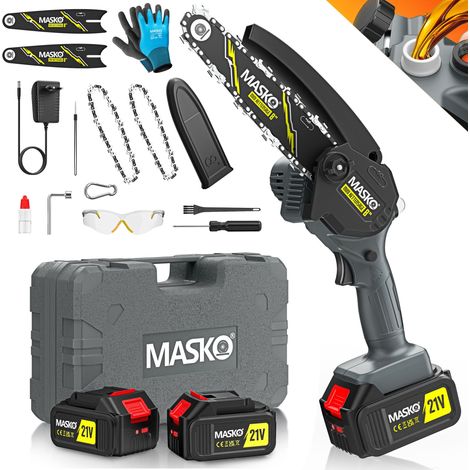 MASKO® Mini motosega con batteria 8000mAh Motosega a mano elettrica con 2 batterie 4000mAh per cesoie da giardino/cespugli/taglia legna Motosega 800W sistema automatico ad olio, nero / antracite, 8 (1/5)
