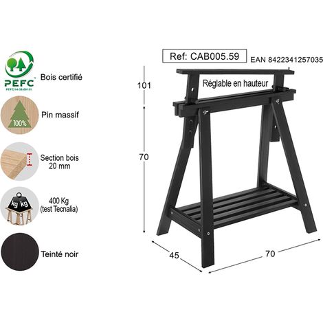 Astigarraga – Tréteau d'architecte réglable en pin massif PEFC noir – Charge maximale 400 kg – Hauteur 70 à 98,5 cm – Dimensions 70x45 cm