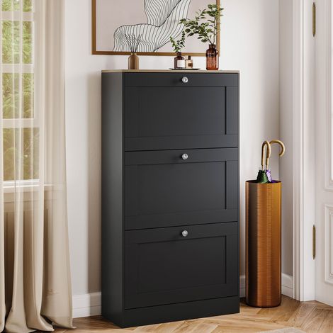 Schuhschrank mit 3 Klappen, Schuhkipper Flur Diele bis Gr. 44, Schwarz & Eiche