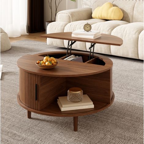 Mesa de centro redonda elevable con almacenaje compartimentado, MDF, nogal, 80 cm (1/5)