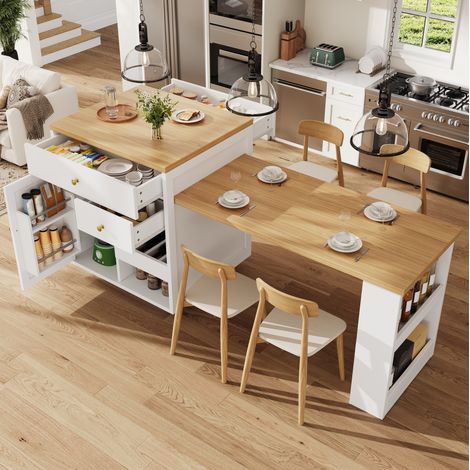 Isla de cocina extensible (122.5x70x93.8 cm), tablero extensible, almacenamiento frontal y trasero, MDF blanco (1/5)