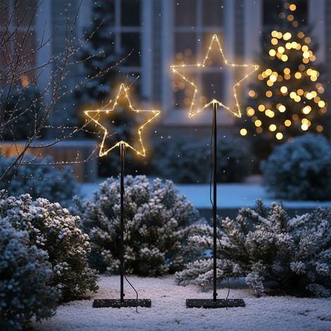 Leuchtstern Gartenstecker 2er Set für Außen mit Timer - 125 cm + 90 cm - Metall Stern Beetstecker schwarz mit 130 LED warm weiß beleuchtet