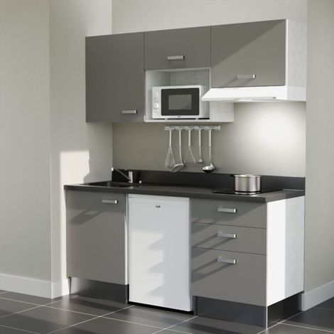 Kitchenette K20L - 180 cm - plan monobloc évier intégré Nero- évier à gauche - Façades Gris + Electroménager inclus coloris Blanc