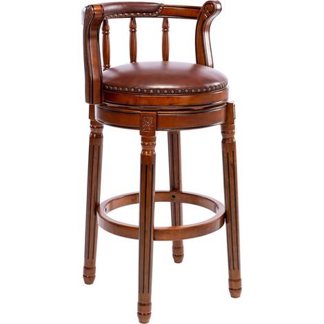 Tabouret de bar pivotant 360° cuir vachette et bois – Assise avec dossier, hauteur comptoir 55,12x55,12x96 cm - marron (1/5)