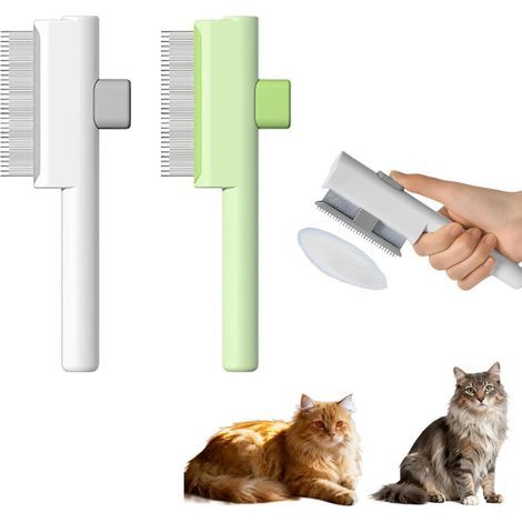 Set di 2 spazzole per animali domestici - Spazzola districante - Pulizia automatica con un clic - Impugnatura ergonomica anti-fatica - Per cani e gatti di tutti i tipi di pelo - Bianco e verde (1/5)