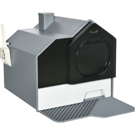 Toilette pour chat à design cabane avec tapis tamis, pelle à litière amovible, gris (1/5)