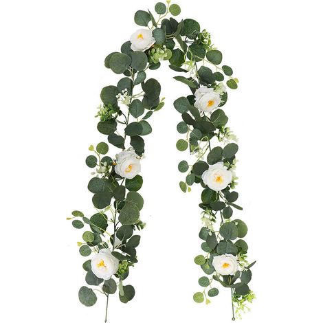 Dahlia Fleurs Artificielles, Fausse Fleur Decoration, Guirlande Fleurs Artificielles, 180cm Fausses Fleur d'Eucalyptus pour Extérieur Intérieur Mariage Mur Portes Maison Jardin, Blanc (1/5)