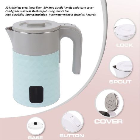 Bouilloire électrique 2L chauffe-eau rapide en acier inoxydable double paroi pour maison dortoir bureau prise UK 220V bleu (1/5)