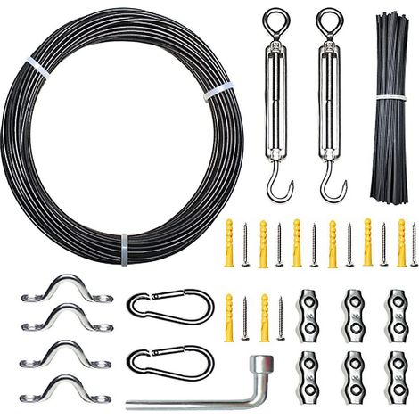 Kit de suspension pour guirlande lumineuse extérieure, câble en acier gainé de caoutchouc, tendeur de câble à ressort, 50 mètres (1/5)