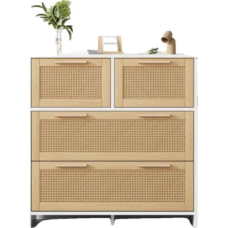 Armario de ratán, diseño de 4 cajones, tiradores de madera maciza, blanco natural. (1/2)