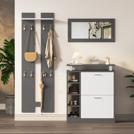 Ensemble entrée avec miroir et banc - Rangement vestiaire et chaussures - 2 panneaux anthracite (1/5)