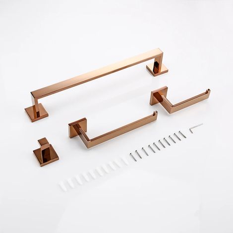 Ensemble de 4 accessoires de salle de bain or rose : étagère murale, porte-papier toilette, porte-serviettes, barre de suspension, crochet pour peignoir. (1/5)