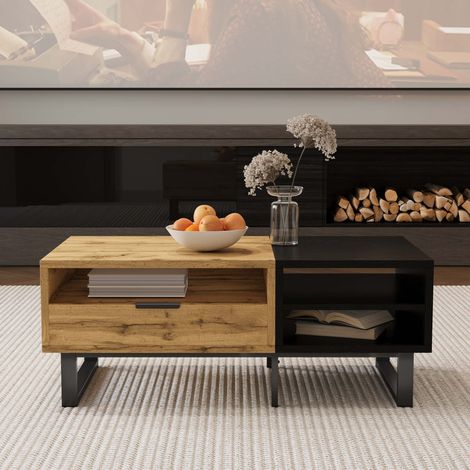 Table basse 100 x 50 x 40 cm, 3 niches ouvertes, 1 tiroir, pieds en métal, finition bois naturel et noir (1/5)