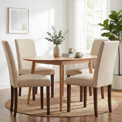 Esszimmerstühle 4er Set, Leinen, Nieten, Massivholzbeine, Beige (1/5)