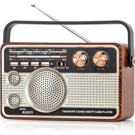 Radio portable en bois de style rétro vintage, rechargeable, multibande (FM/AM/SW) avec basses puissantes, poignée de transport, 8 à 12 heures d'autonomie. (1/5)