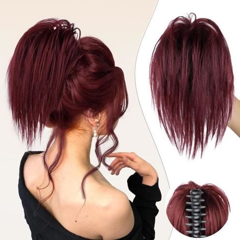 Haarknoten mit Clip, lockiges Kunsthaargummi, kurze, gerade Haarverlängerung für Pferdeschwanz (Weinrot) (1/4)
