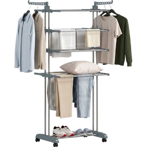 Séchoir À Linge Pliant 5 Niveaux En Acier Inoxydable, Étendoir Sur Roulettes Pour Appartement (1/5)