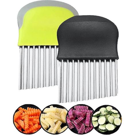 Kartoffelschneider, Kindermesser, Gemüseschneider aus geriffeltem Edelstahl für Pommes frites, Gurke, 2 Stück – schwarz/grün