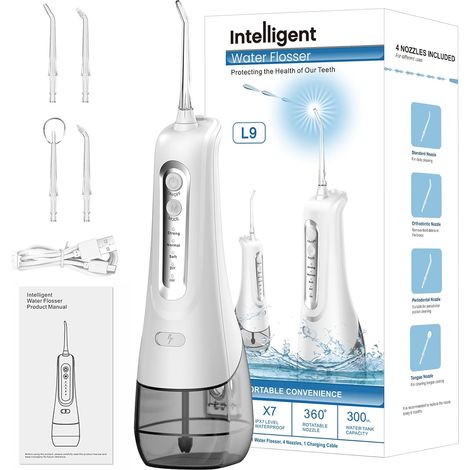 Hydropulseur dentaire sans fil, 4 modes de nettoyage, 4 conseils de jet, IPX7 étanche et USB Rechargeable Nettoyeur dentaire électrique pour voyage et homful, orthodontique, soins dentaires (1/5)