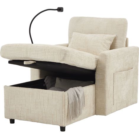 Poltrona Relax Multifunzionale con Porta Cellulare, Vano Contenitore, in Ciniglia, Beige, per Soggiorno e Camera