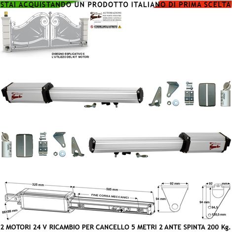 Motoriduttori Elettromeccanici 24 Vcc Corsa 400 mm Spinta 2 Q.li Ricambio Cancello Automatico 5 MT 2 Ante da 2,5 Metri Kit Staffe Completo Chiave Sblocco sul Carrello Compatibili Elettronica BTF Came (1/5)