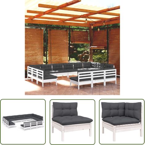 The Living Store Salon de jardin 13 pcs avec coussins blanc bois de pin solide - Salon De Jardin - Mobilier De Jardin - Ensemble Salon De Patio - Meubles De Terrasse - Set Salon Exterieur (1/5)