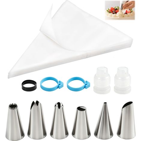 110 Pcs Poches à Douille Pâtisserie, 6 Douilles INOX, 2 Adaptateurs, 100 Sacs Jetables, 2 Anneaux de Fixation, Kit Complet pour Décoration Gâteau, Cupcakes, Crème, Pâtissier et Biscuit (1/5)