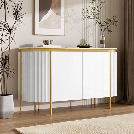 Buffet 4 portes en MDF, façades rainurées, extrémités ovales, étagère, passe-câbles et pieds en métal (1/5)
