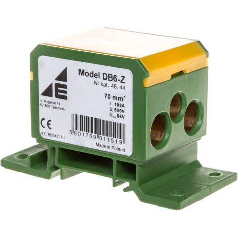 Blocco di distribuzione 2x4-70mm2/2x4-50mm2/1x4-25mm2 giallo-verde piatto e montaggio su guida DB6-Z 48.44