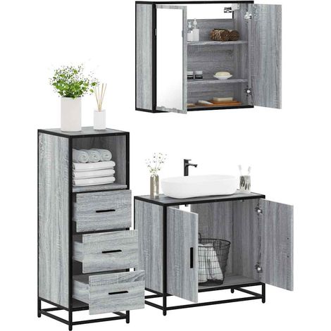 3-tlg. Badmöbel-Set Grau Sonoma Holzwerkstoff