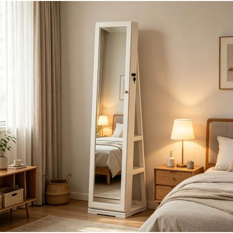 Espejo de pie giratorio 38x38x160 cm de MDF y vidrio blanco con almacenaje – MEUBLIV (1/5)