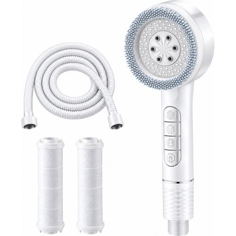 Pommeau de douche à main blanc haute pression à quatre jets avec système de filtration, flexible de 2 mètres et 2 cartouches filtrantes inclus