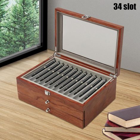34 compartiments stylo présentoir 3 couches en bois Vintage boîte de rangement stylo avec tiroirs et fenêtre acrylique (1/5)
