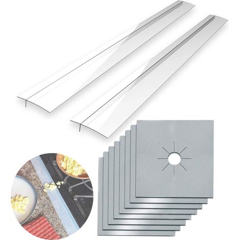 Protections pour brûleurs de cuisinière, lot de 8 (0,2 mm, 27 x 27 cm) pour plaques de cuisson à gaz, avec 2 protections en silicone de 53 cm pour combler l'espace, double épaisseur, réutilisables, an (1/5)