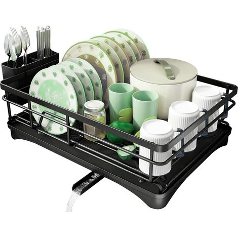 Egouttoir Vaisselle, Egoutoire Vaisselle Cuisine, sur Evier, Noir, INOX, Égouttoir Couvert, Dish Rack, Drying Rack, Buse Rotative 360° (1 Niveau) (1/5)