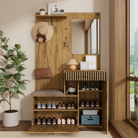 Mueble de entrada con espejo y banco acolchado, zapatero en MDF, 110 x 37 x 185,5 cm (1/5)