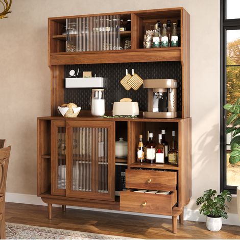 Credenza da cucina con 4 ante scorrevoli in vetro scanalato, 2 cassetti, ripiani aperti e pannello forato, 117 × 30 × 170 cm, finitura legno scuro FLORAGRACE (1/5)