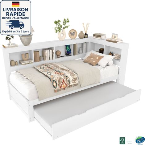 MODFU - Sofá cama de madera 90×190/200cm con cama nido, cama infantil, puerto USB y enchufe, somier de láminas, sin colchón, blanco (1/5)