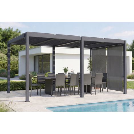 Pérgola bioclimática independiente AGOSTA de 5x3 m en aluminio gris con persianas retráctiles en el lado de 3 m. (1/5)