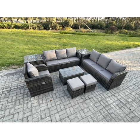 Fimous 9-Sitzer Rattan Lounge Sofa Set Gartenmöbel-Set mit Rechteckiger Couchtisch 3-Sitzer Sofa 2 kleine Fußhockern 2 Beistelltischen Dunkelgrau Gemischt (1/5)