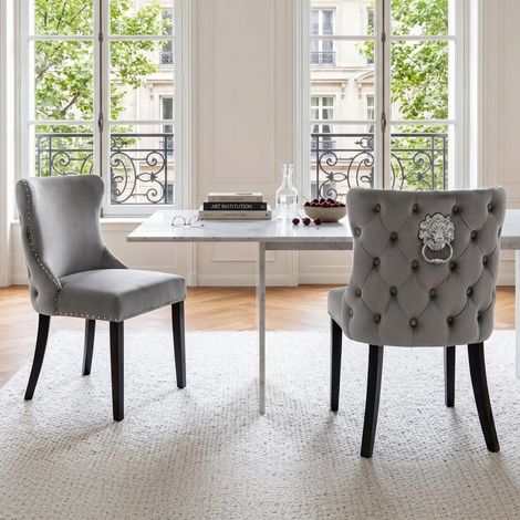 Wahson 2 PZ Sedie da Pranzo in Velluto, Sedie Cucina Eleganti con Gambe in Legno dettagli a Borchie per Cucina/Soggiorno, Grigio