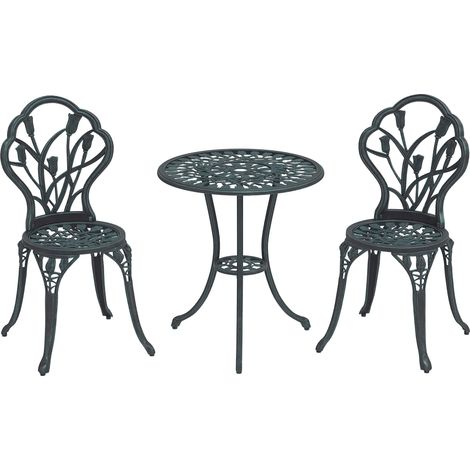 Ensemble salon de jardin 2 places 2 chaises + table ronde fonte d'aluminium imitation fer forgé vert