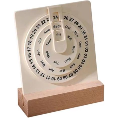 Calendario de escritorio, Pequeño calendario de escritorio redondo giratorio con base de madera, semana y día, Calendario de rueda (1/4)